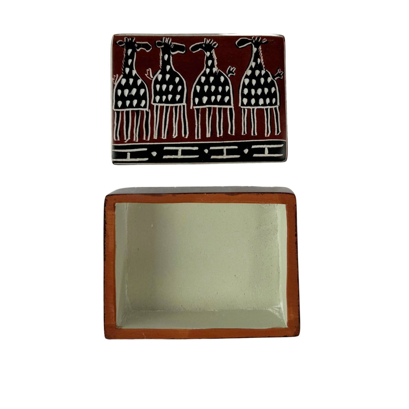 Global Crafts - Soapstone Carved Box, Brown Mudcloth Giraffes