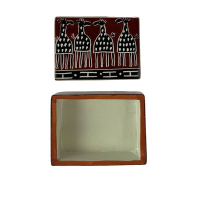 Global Crafts - Soapstone Carved Box, Brown Mudcloth Giraffes