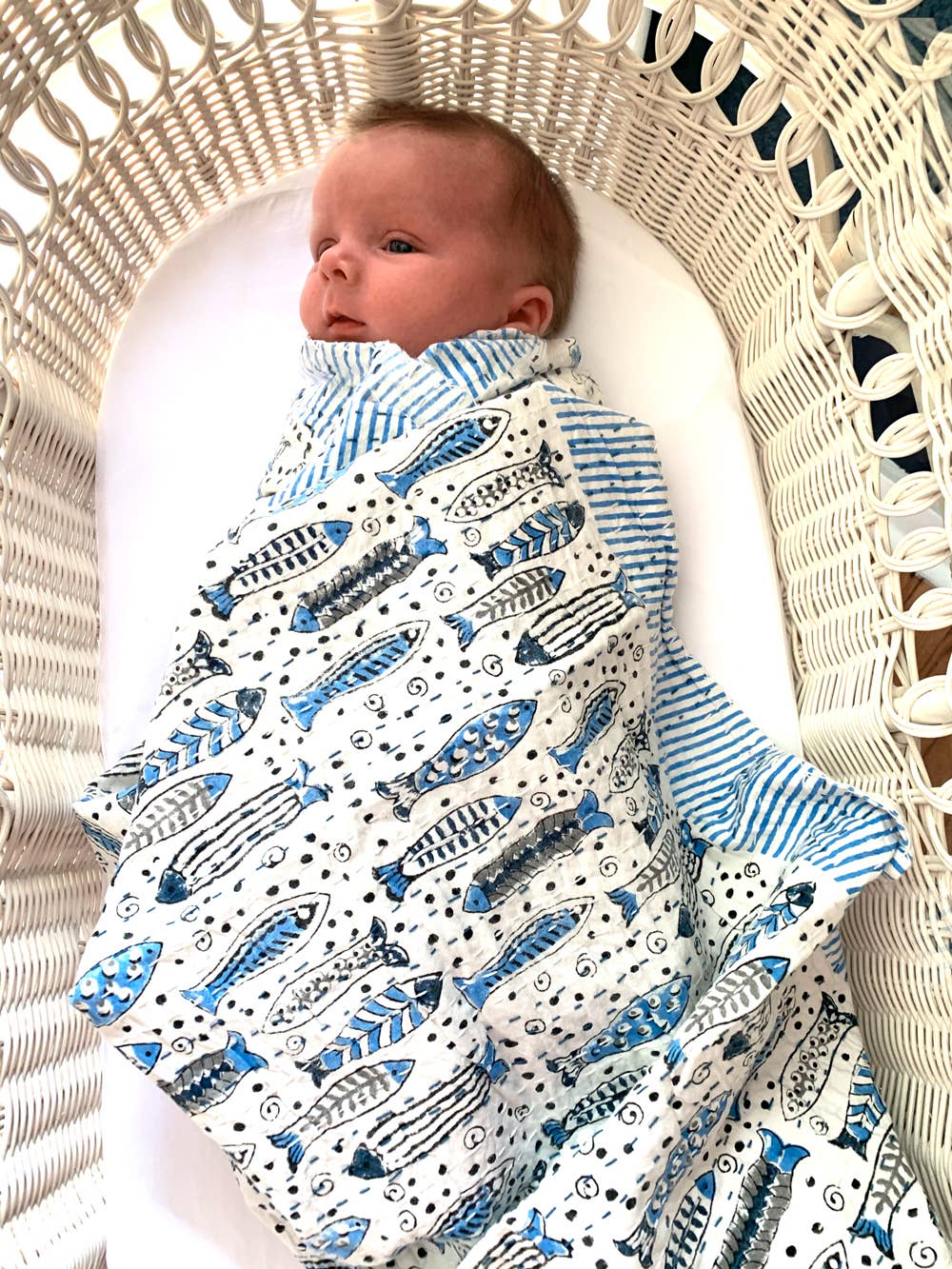 Baby Block Printed Kantha Blanket - Fish Print-Mira -Fair Trade -