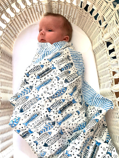 Baby Block Printed Kantha Blanket - Fish Print-Mira -Fair Trade -