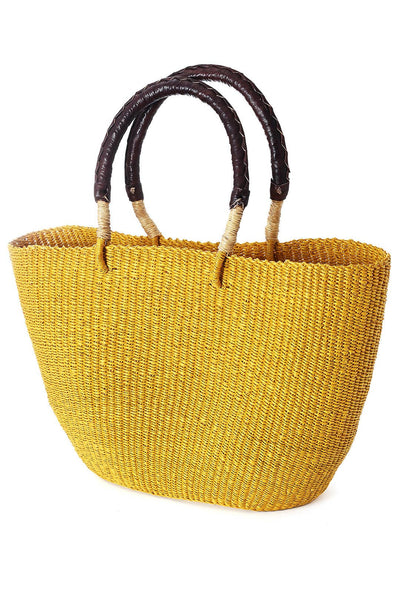 Sunny Yellow Tote Basket with Brown Leather Handles-Swahili | AFRICAN MODERN