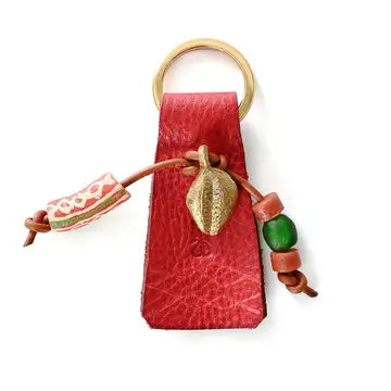 Brass Cowry Key Ring with Red Leather & Beads