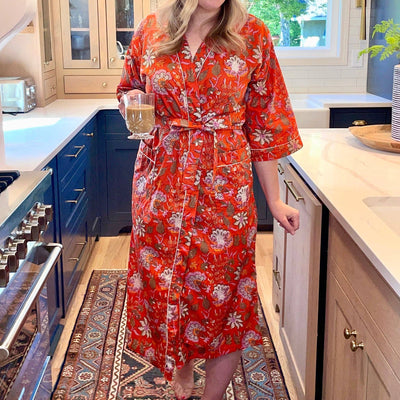 Tangerine -100% Cotton Indian Block Printed Kimono Robe- Gray Bird Label
