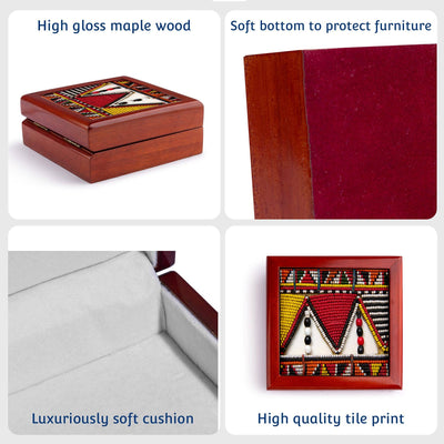 Wooden jewelry box with high gloss maple wood finish, soft cushion bottom, and decorative tile print.