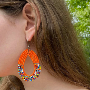 Maasai Bead Orange and Multicolor Teardrop Earring