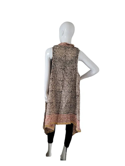 Cotton Block Print Sleeveless Vest/Kimono - Beige/Black/Red