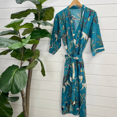 Sapphire -100% Cotton Indian Block Printed Bath Robe-Gray Bird Label