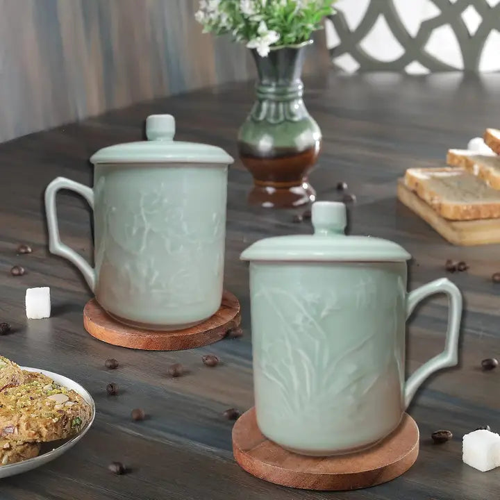 Celadon Ceramic Mugs - Four Seasons - Set of 4