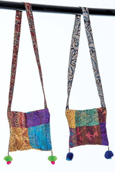 Sevya Handmade - Silk Kantha Pom Pom Bag