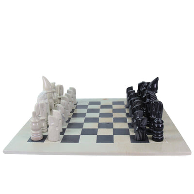 Global Crafts - Soapstone Hand-Carved Chess Set - African Maasai Tribe Pieces - Grey/Natural Stone