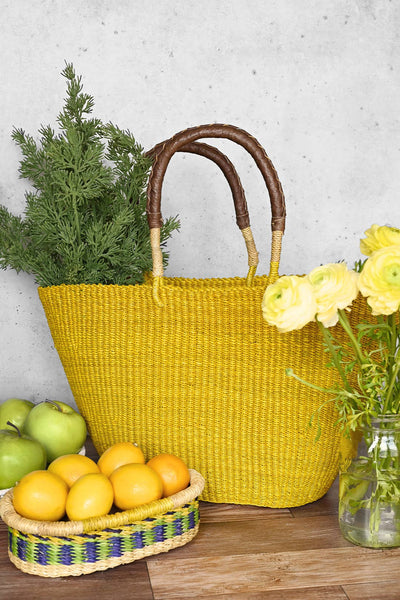 Sunny Yellow Tote Basket with Brown Leather Handles-Swahili | AFRICAN MODERN