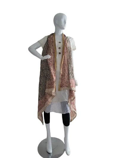 Cotton Block Print Sleeveless Vest/Kimono - Beige/Black/Red