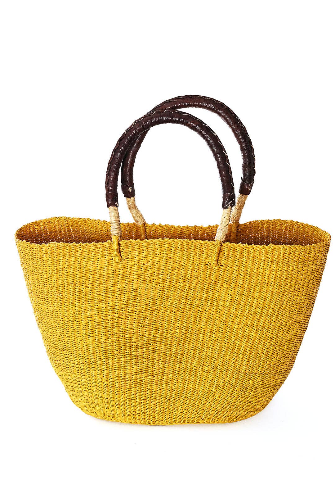 Sunny Yellow Tote Basket with Brown Leather Handles-Swahili | AFRICAN MODERN