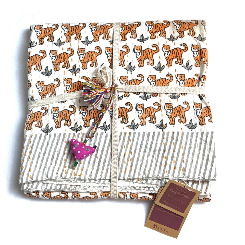 Block Printed Kantha Blanket - Tiger Print-Mira Fair Trade -