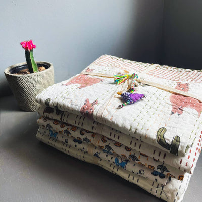 Baby Block Printed Kantha Blanket - Fish Print-Mira -Fair Trade -