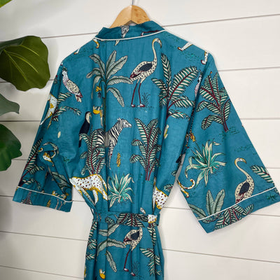 Sapphire -100% Cotton Indian Block Printed Bath Robe-Gray Bird Label