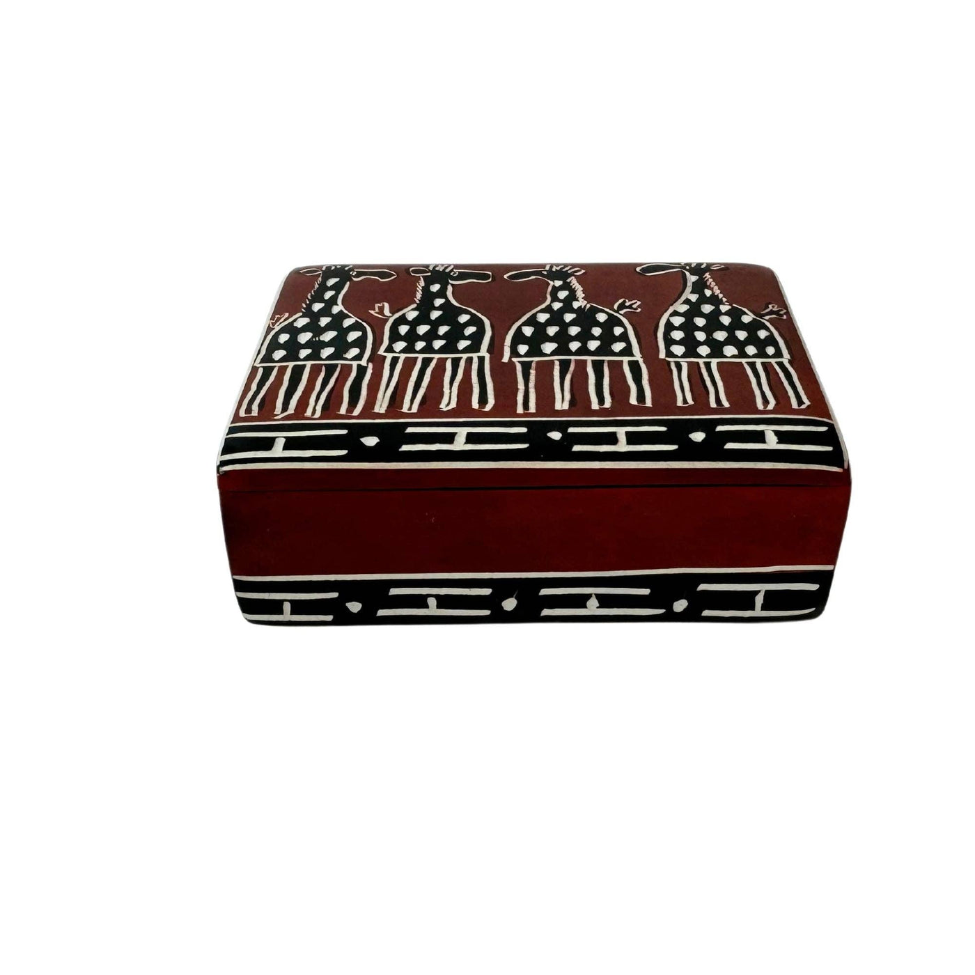 Global Crafts - Soapstone Carved Box, Brown Mudcloth Giraffes
