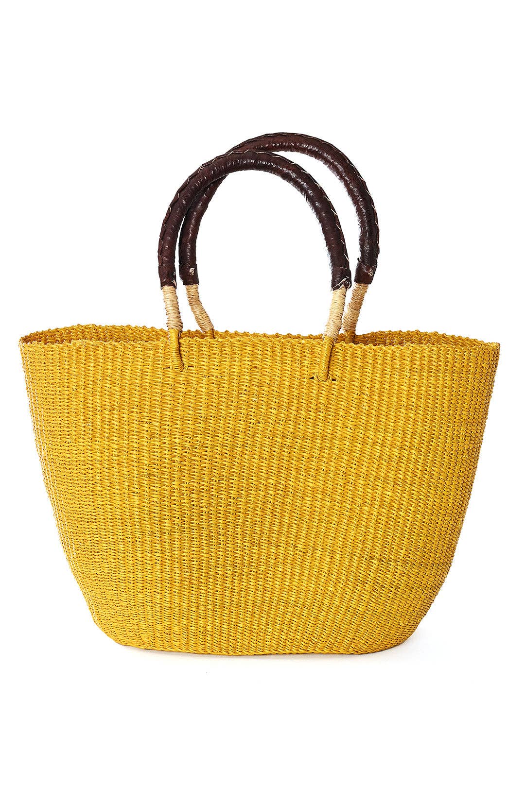 Sunny Yellow Tote Basket with Brown Leather Handles-Swahili | AFRICAN MODERN