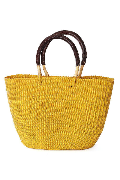 Sunny Yellow Tote Basket with Brown Leather Handles-Swahili | AFRICAN MODERN
