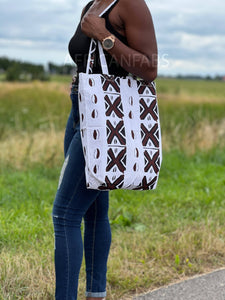 Shopper Bag With African print - White /Brown Bogolan - Reusable Shopping Bag made of cotton