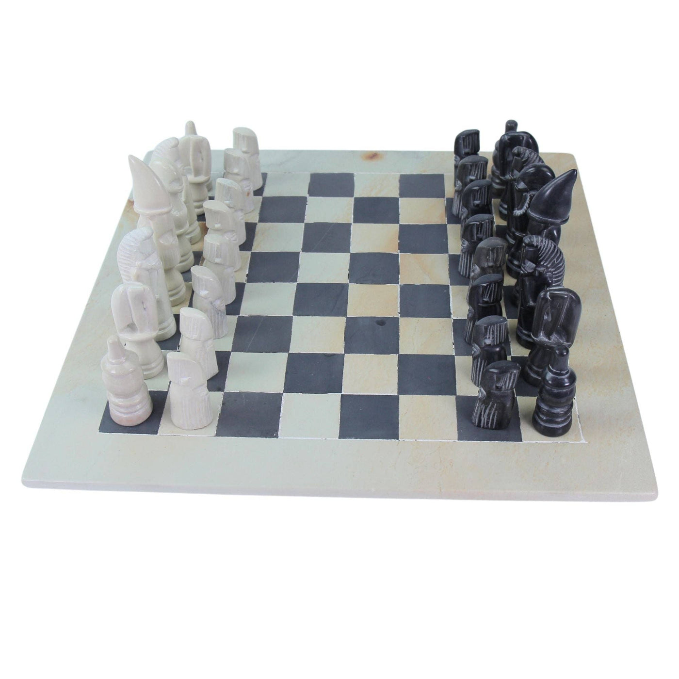Global Crafts - Soapstone Hand-Carved Chess Set - African Maasai Tribe Pieces - Grey/Natural Stone