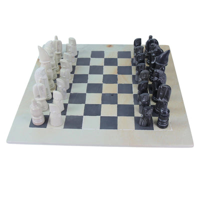 Global Crafts - Soapstone Hand-Carved Chess Set - African Maasai Tribe Pieces - Grey/Natural Stone