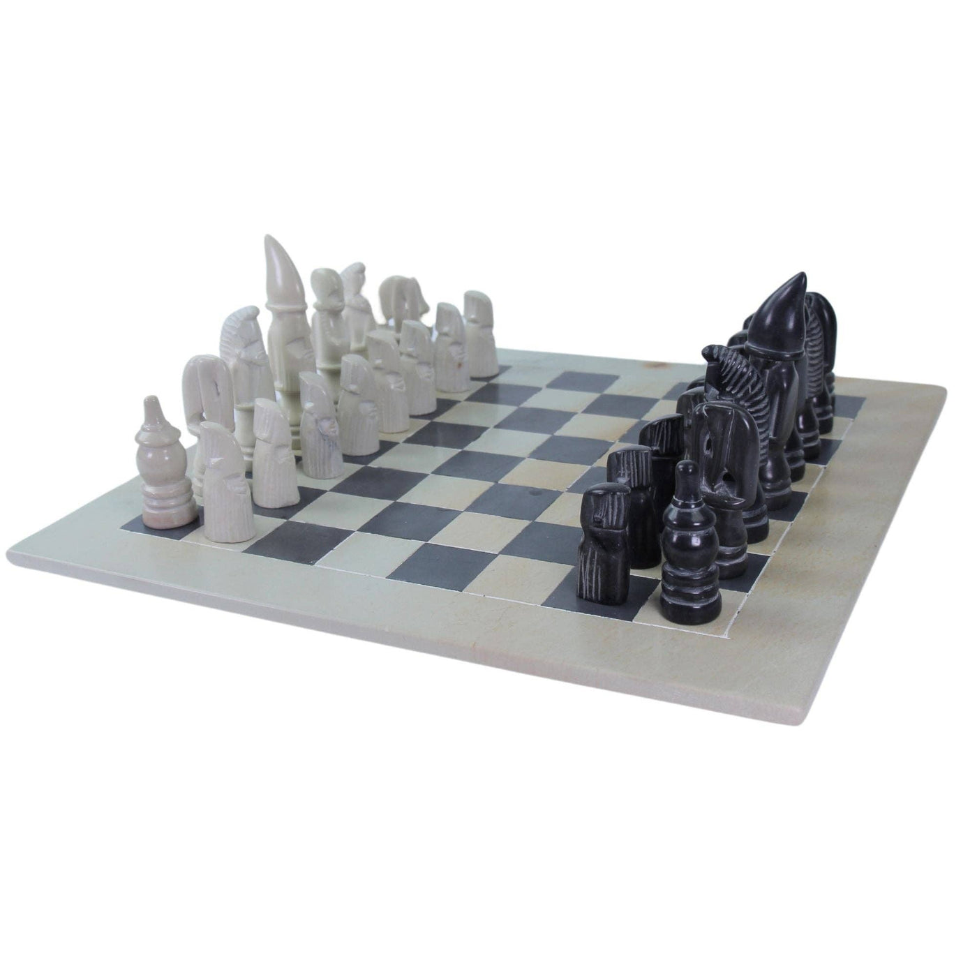 Global Crafts - Soapstone Hand-Carved Chess Set - African Maasai Tribe Pieces - Grey/Natural Stone
