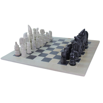 Global Crafts - Soapstone Hand-Carved Chess Set - African Maasai Tribe Pieces - Grey/Natural Stone