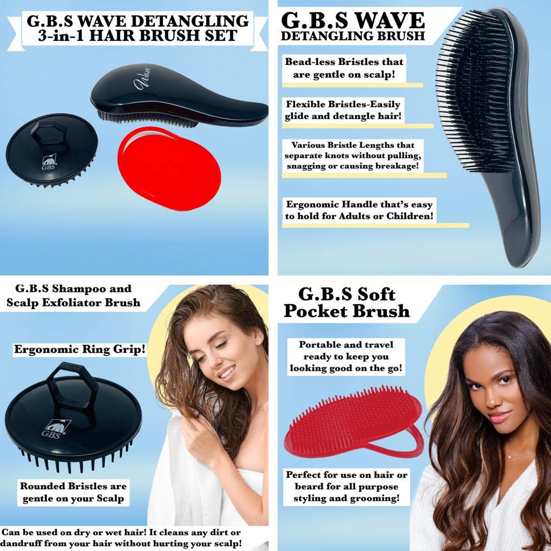 GENTS FINE GROOMING PRODUCTS - 3 pack wave Hair Brush Set Detangler, Scalp & Pocket Brush