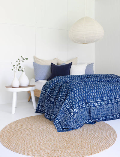 Linen Connections - Indian Kantha Quilt Blanket Bedspread Coverlet - Indigo Blue