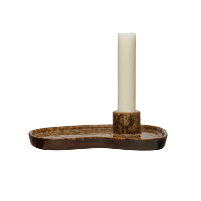 Stoneware Taper Holder w/ Tray, Reactive Glaze, Brown
