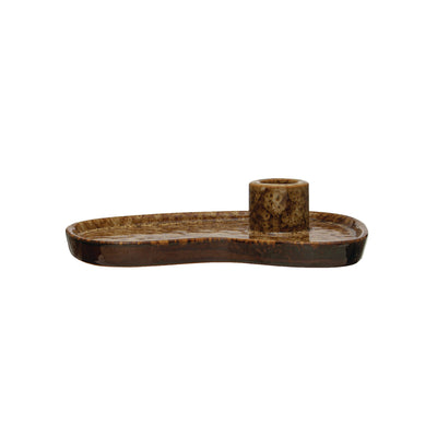 Stoneware Taper Holder w/ Tray, Reactive Glaze, Brown