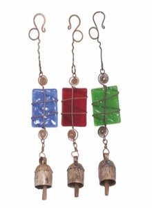 Wrapped Rectangle Glass Ornament with Bell/ Assorted Colors Set of 6 - Moksha