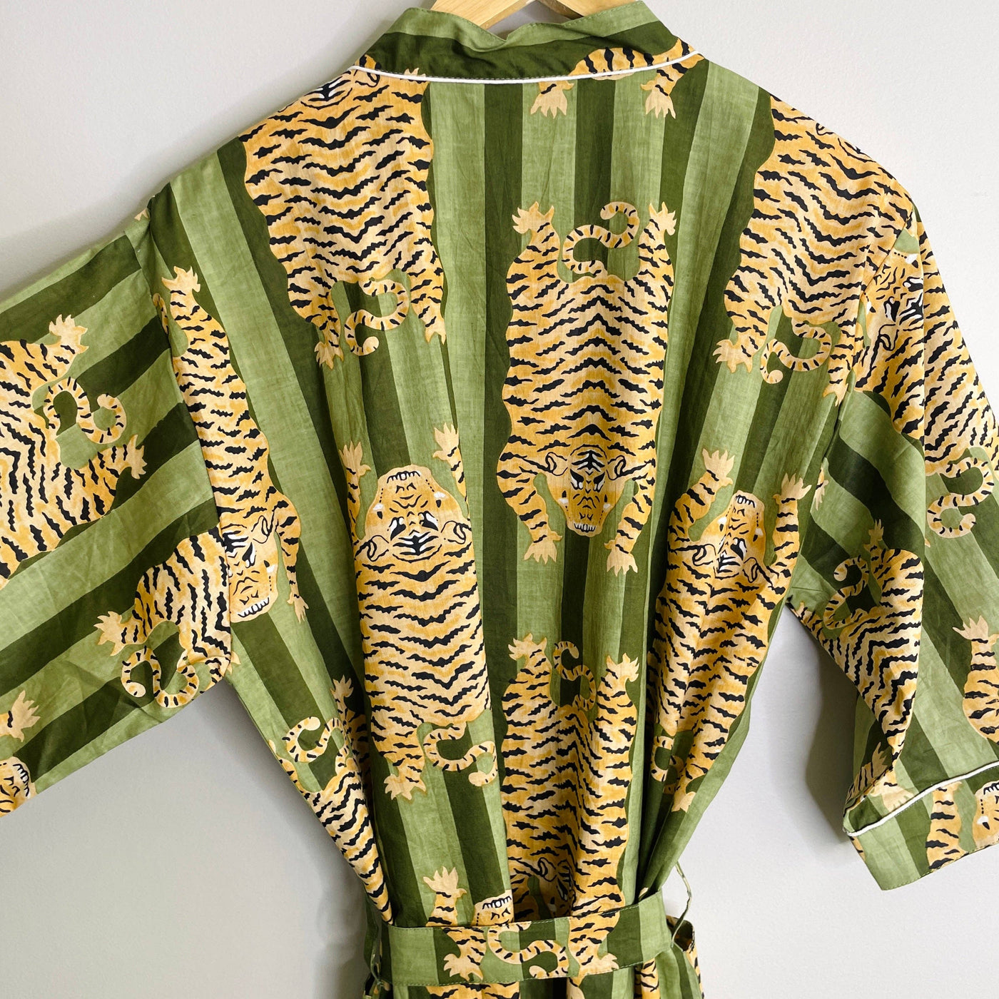 Green Tiger-100% Cotton Indian Block Printed Bath Robe-Gray Bird Label