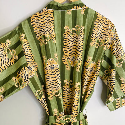 Green Tiger-100% Cotton Indian Block Printed Bath Robe-Gray Bird Label