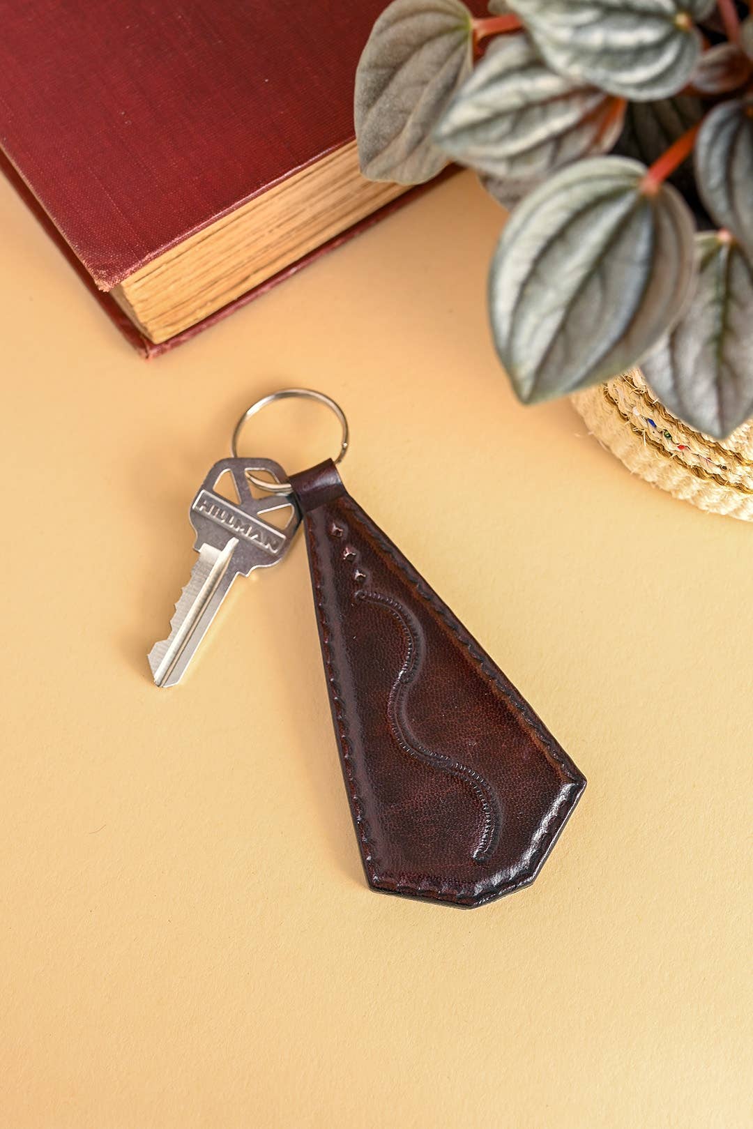 Brown Stamped Leather Key Ring-Swahili | AFRICAN MODERN