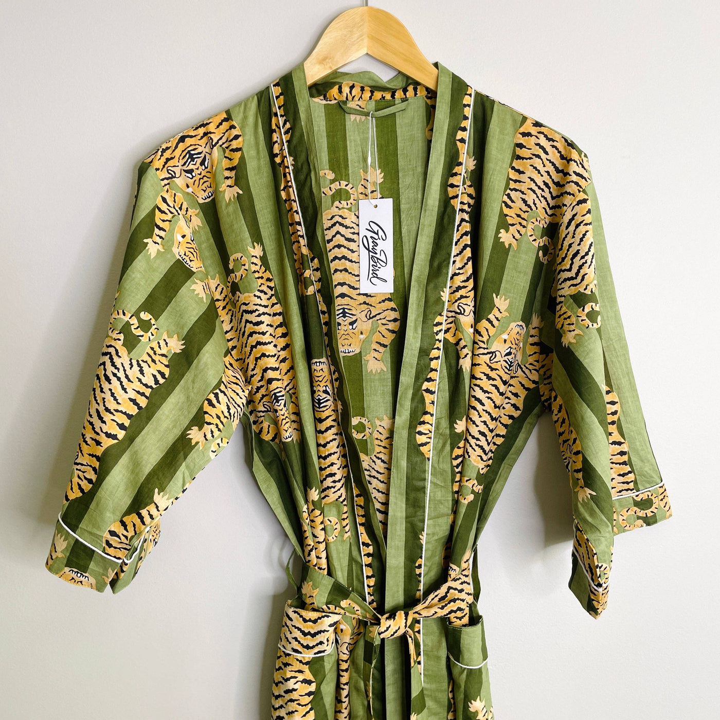 Green Tiger-100% Cotton Indian Block Printed Bath Robe-Gray Bird Label