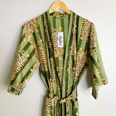 Green Tiger-100% Cotton Indian Block Printed Bath Robe-Gray Bird Label
