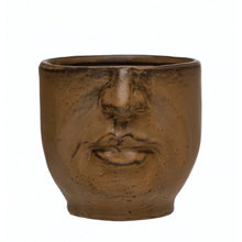 Stoneware Planter with Face, Reactive Glaze