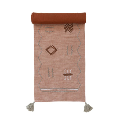 Cotton Table Runner w/ Embroidered Moroccan Design & Tassels, Multi Color