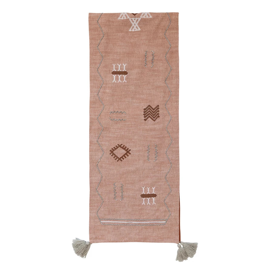 Cotton Table Runner w/ Embroidered Moroccan Design & Tassels, Multi Color