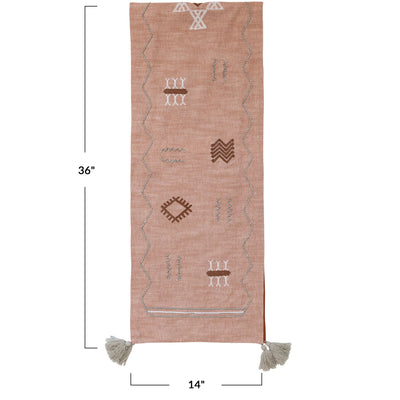 Cotton Table Runner w/ Embroidered Moroccan Design & Tassels, Multi Color