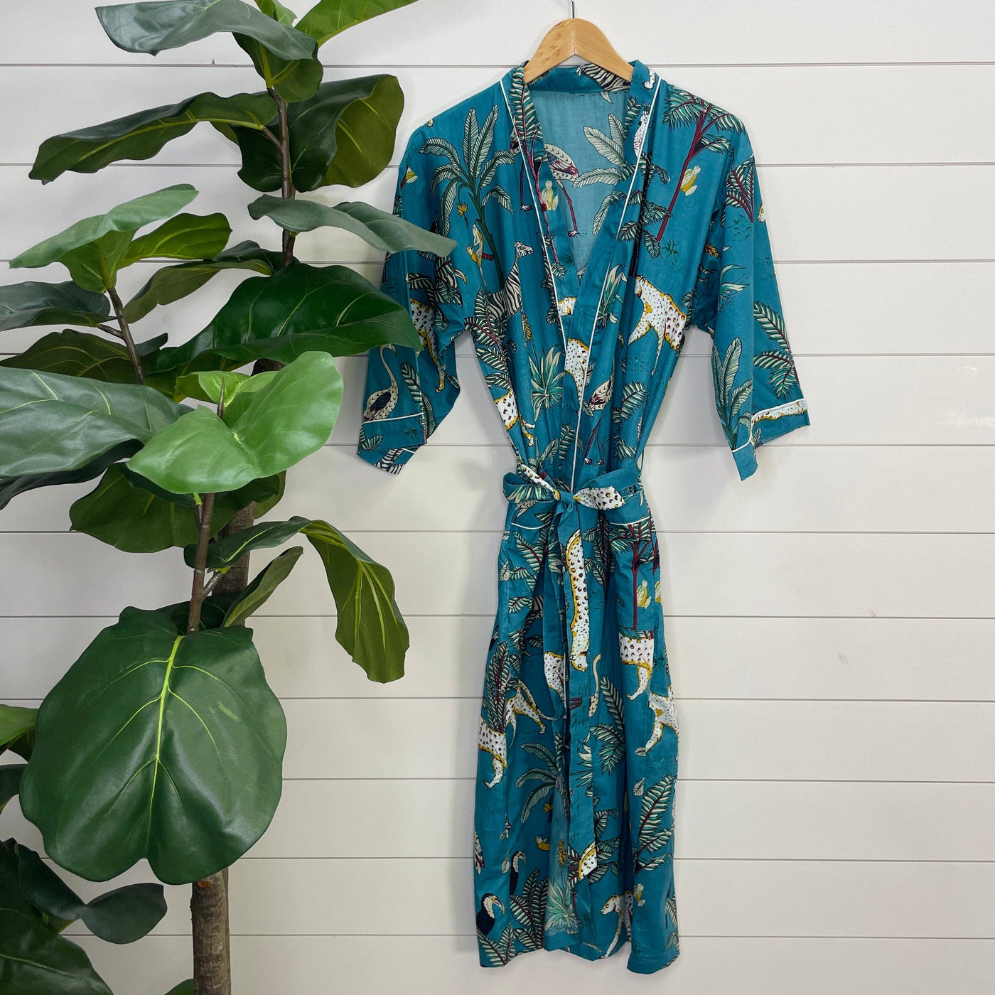 Sapphire -100% Cotton Indian Block Printed Bath Robe-Gray Bird Label