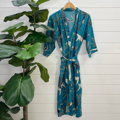 Sapphire -100% Cotton Indian Block Printed Bath Robe-Gray Bird Label