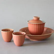 Coral Gaiwan, 2 Cups and Saucer. Stripes