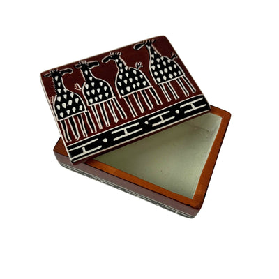 Global Crafts - Soapstone Carved Box, Brown Mudcloth Giraffes