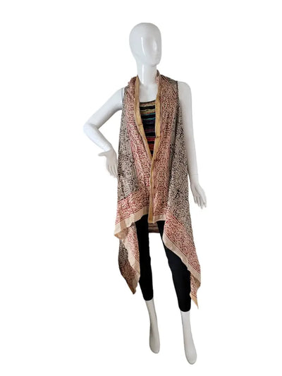 Cotton Block Print Sleeveless Vest/Kimono - Beige/Black/Red