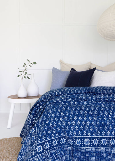 Linen Connections - Indian Kantha Quilt Blanket Bedspread Coverlet - Indigo Blue