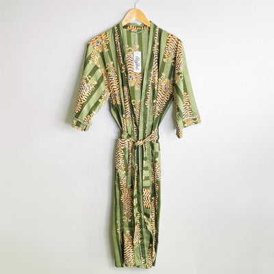 Green Tiger-100% Cotton Indian Block Printed Bath Robe-Gray Bird Label