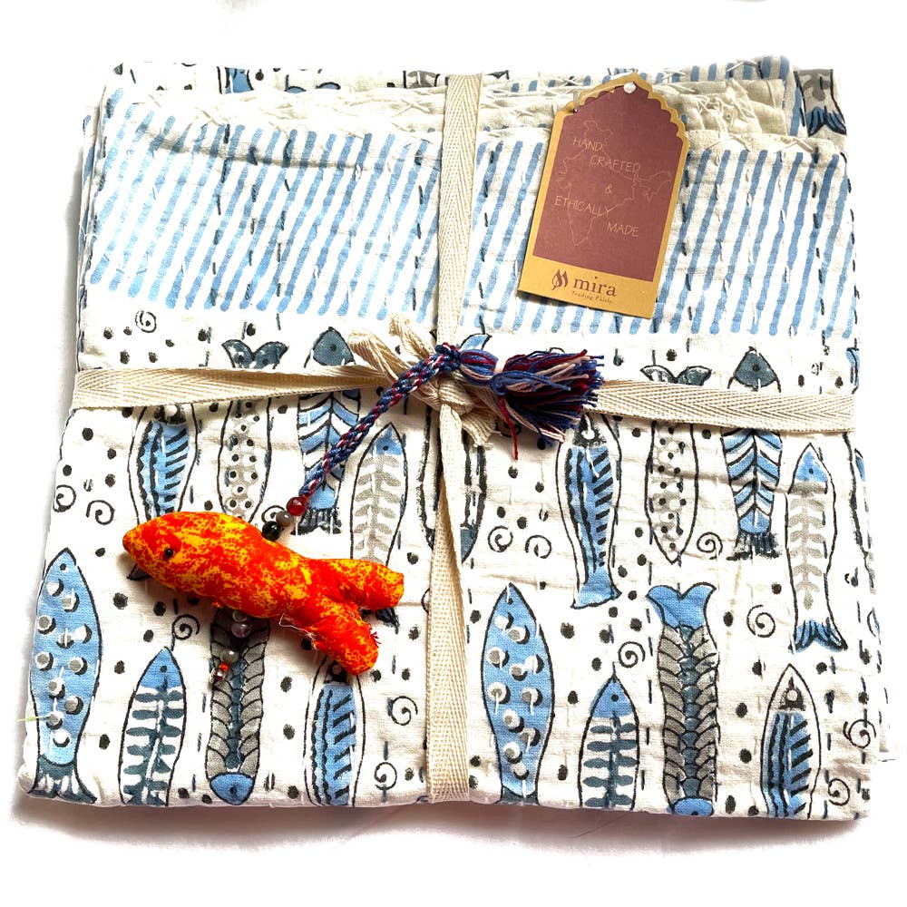 Baby Block Printed Kantha Blanket - Fish Print-Mira -Fair Trade -